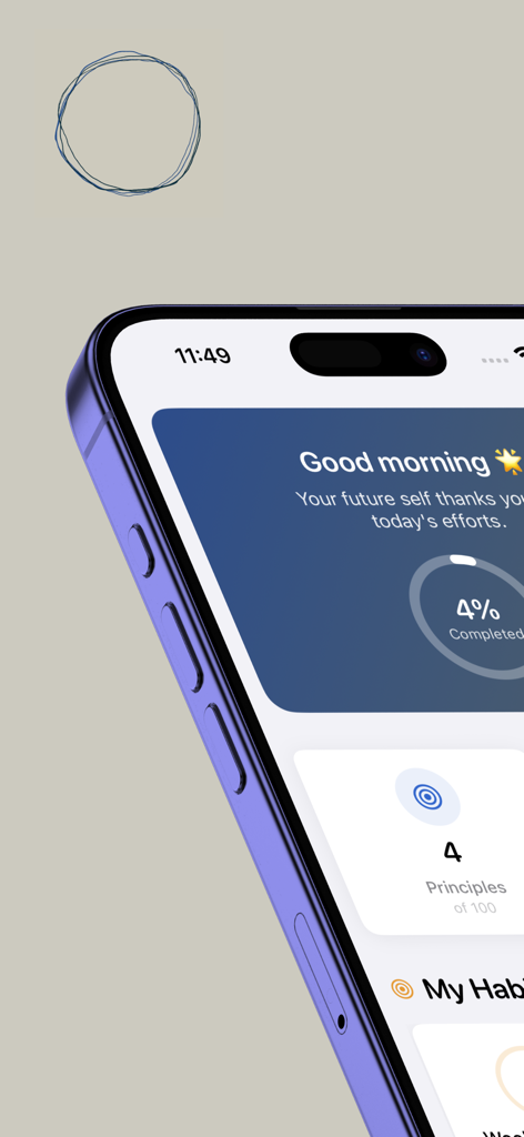 iPhone上の自己啓発とパーソナルデベロップメントアプリのダッシュボード画面。日々の進捗と完了した原則が表示されています。