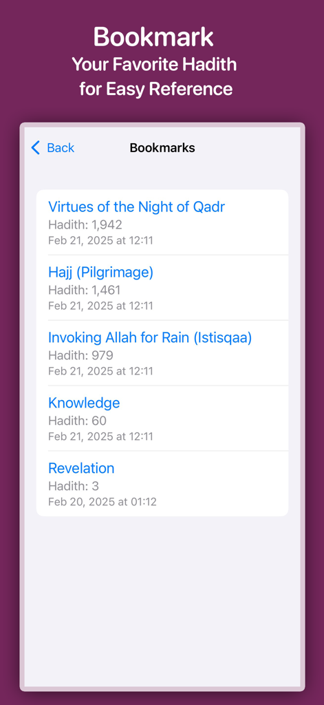 Sahih Bukhari By Imam Bukhari - Bookmarks screen in the Sahih Bukhari app showing a list of saved Hadiths for quick reference