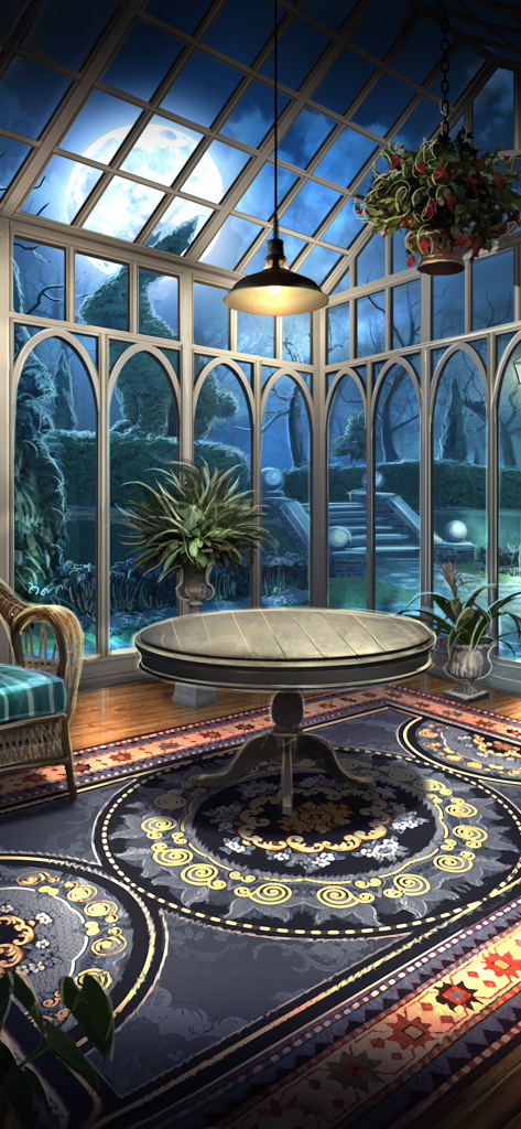 Clue: Classic Edition - A 3D rendered conservatory room in Clue Classic Edition with a full moon visible through the glass ceiling.