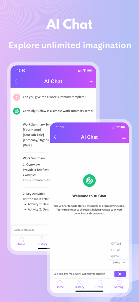 KI-Chat-Oberfläche in der Smallppt App, die einen Benutzer zeigt, der eine Vorlage für eine Arbeitszusammenfassung anfordert