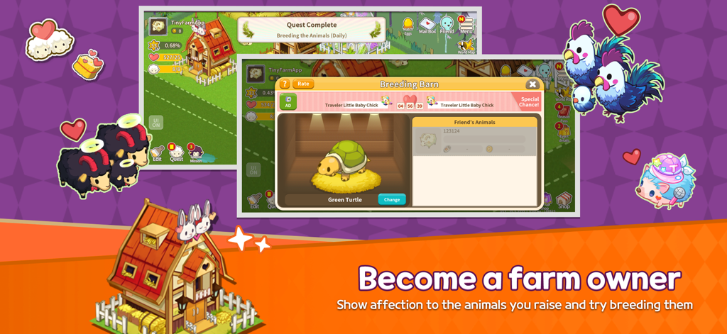 A screenshot of Tiny Farm Remastered showing the animal breeding barn menu and various cute cartoon farm animals.