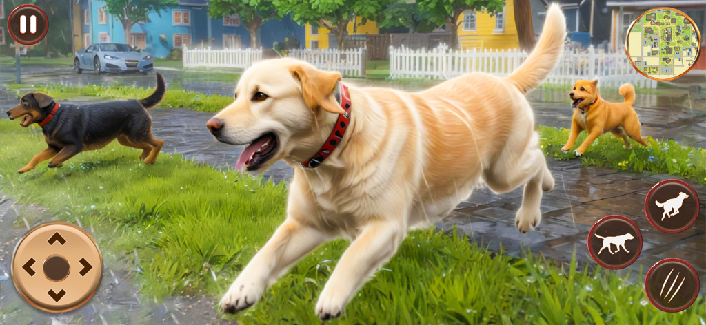 Dog Life Simulator: Dog Games - A golden retriever running through a suburban village in a dog simulator mobile game.