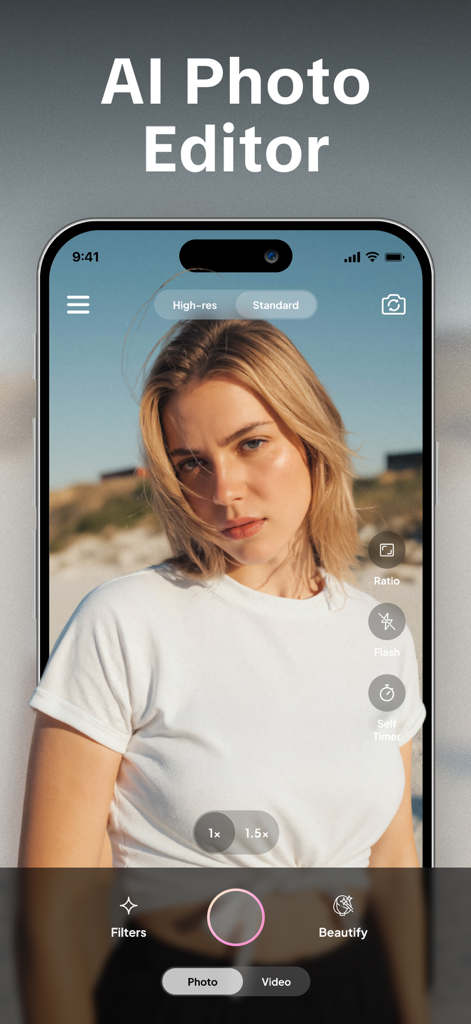 Photo Editor AI - Edit Photos - Pantalla de smartphone mostrando la interfaz de la cámara de Photo Editor AI con filtros de belleza y herramientas de mejora en tiempo real