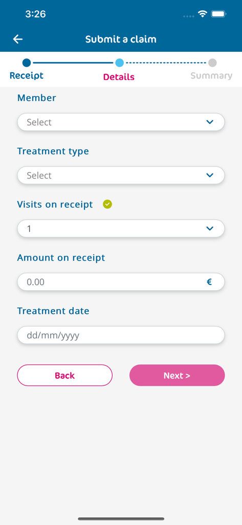 Mobile screen showing the medical claim details form in the Laya App