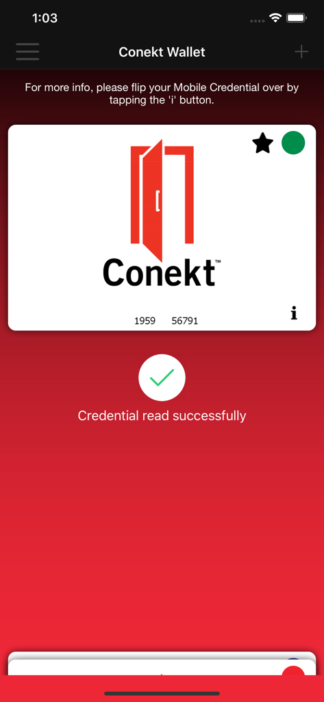Conekt Wallet App - The Conekt Wallet app screen displaying a digital credential card and a success message after being read.