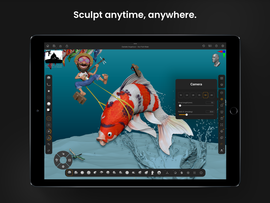 ZBrush - Interfaz de ZBrush para iPad mostrando un personaje montando un pez koi 3D con la configuración de cámara abierta