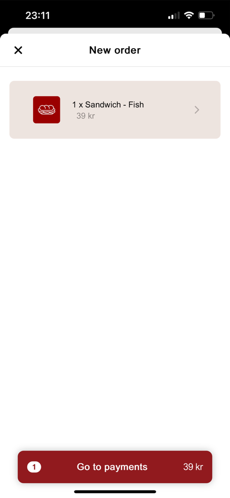 Eat@KU - Eat at KU app interface showing a fish sandwich in the order summary with a go to payments button