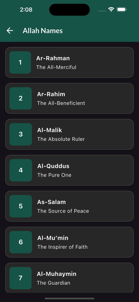 Mobile app screenshot showing a numbered list of the 99 names of Allah with English translations