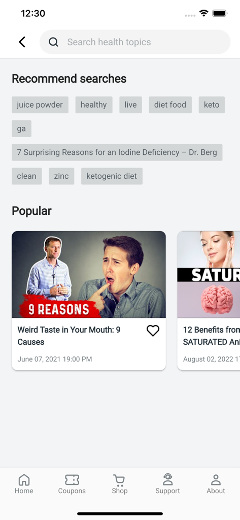 Dr. Berg - Search screen of the Dr. Berg app showing recommended search tags and popular health videos.