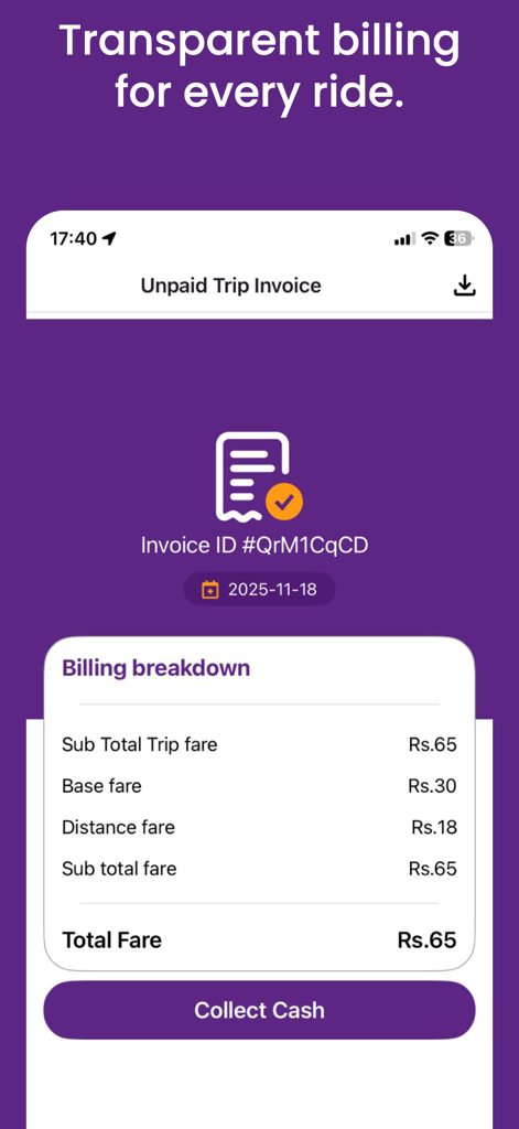 Sajilo Rider - Sajilo Rider app interface showing a transparent trip invoice and billing breakdown in Nepalese Rupees