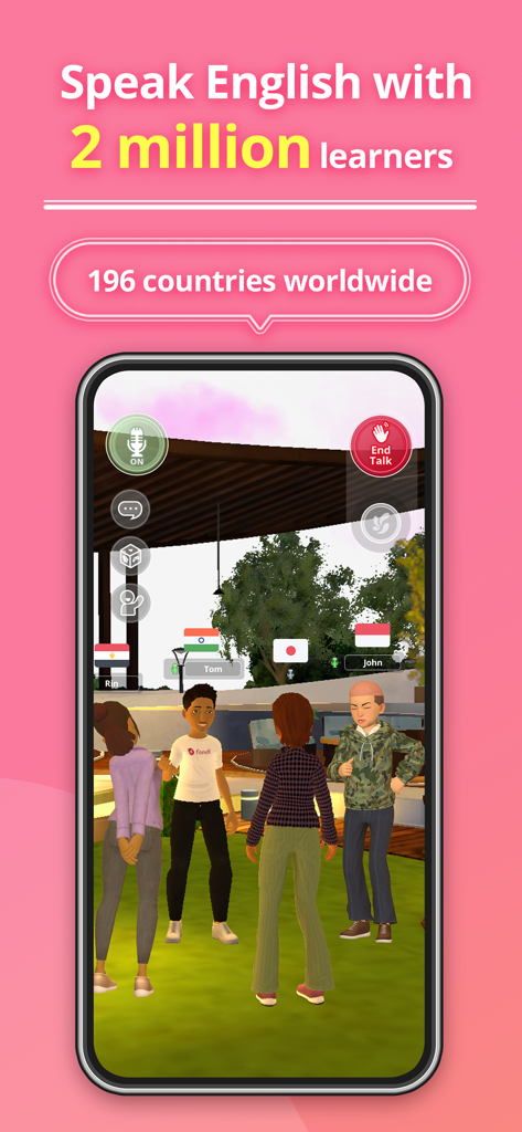 Avatars of global English learners interacting in a virtual plaza on the fondi mobile app