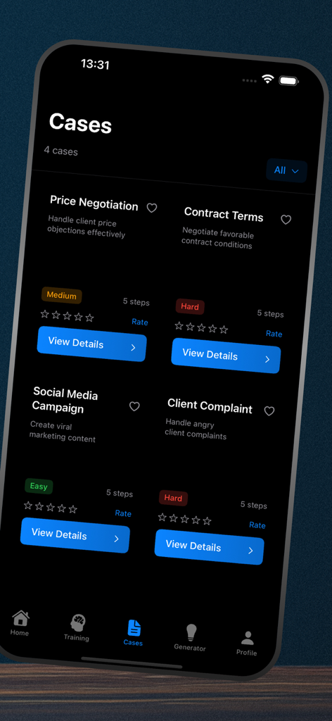 Seagull Rope - A list of sales negotiation cases in the Seagull Rope app including Price Negotiation and Contract Terms