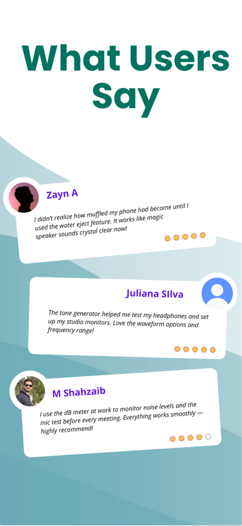 User testimonials for Clear Wave app highlighting the water eject and noise meter features