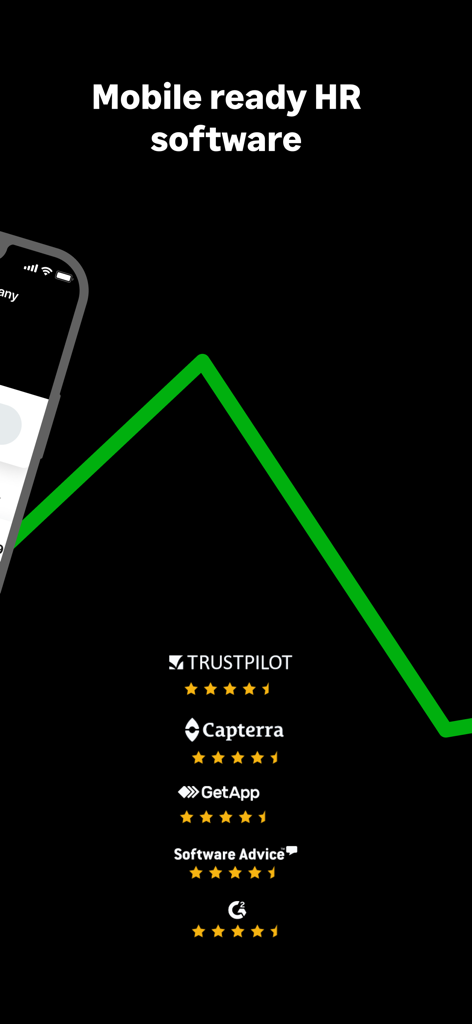 Sage HR (New) - Sage HR 앱의 프로모션 화면에 모바일 준비 소프트웨어와 Trustpilot, Capterra, GetApp의 최고 등급이 표시됩니다