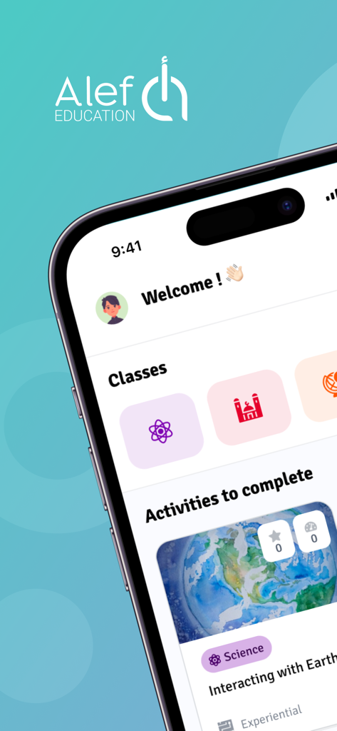 Alef Student - A tela inicial do aplicativo educacional Alef Student em um dispositivo móvel mostrando seleções de aulas e próximas atividades de ciências.