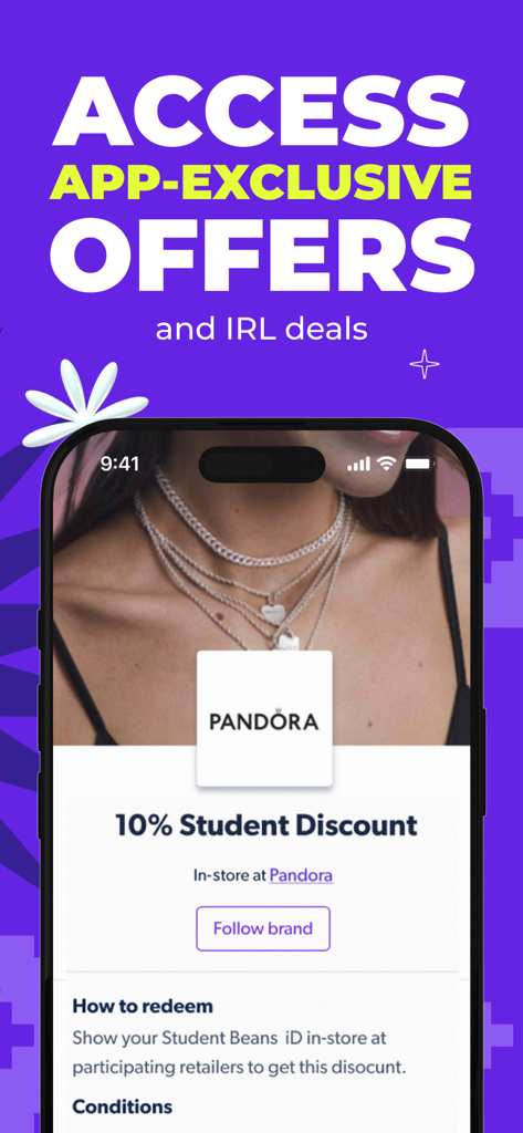 Student Beans: College Deals - Screenshot of Student Beans app showing a 10% student discount for Pandora in-store and exclusive app offers.