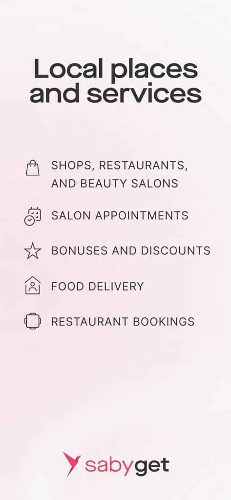 Saby Get: Места и услуги - Saby Getアプリ画面、サロン予約、レストラン予約、フードデリバリーなどのローカルサービス一覧