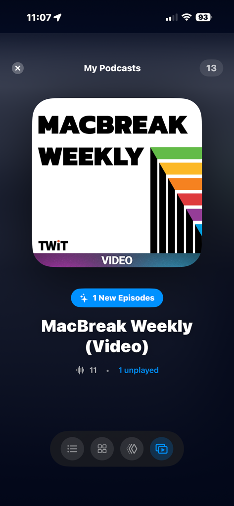 Interface of the Modcast app showing a video podcast episode for MacBreak Weekly