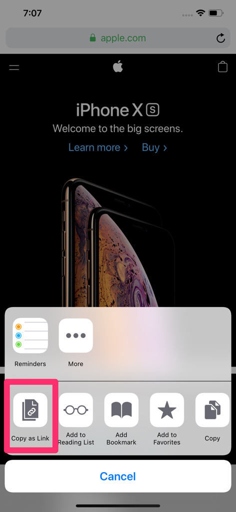 Copy as Link - 모바일 브라우저의 iOS 공유 시트 작업 메뉴 내에서 강조 표시된 링크로 복사하기 앱 확장 프로그램