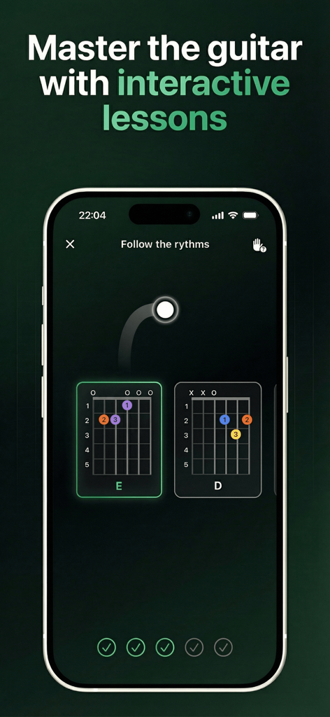 Gioco interattivo di apprendimento degli accordi per chitarra sull'interfaccia dell'app Tuner Pro