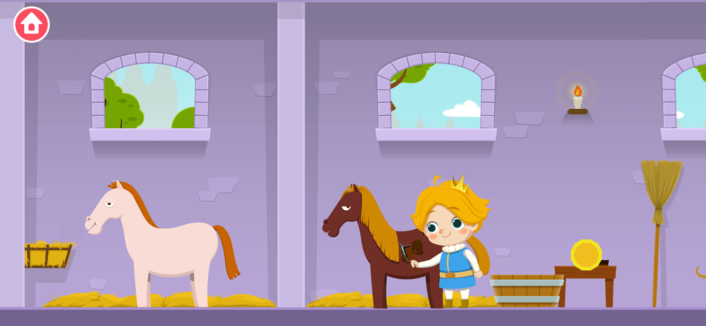 Un personaggio del Piccolo Principe in versione cartone animato che pulisce un cavallo marrone all'interno di una scuderia del castello.