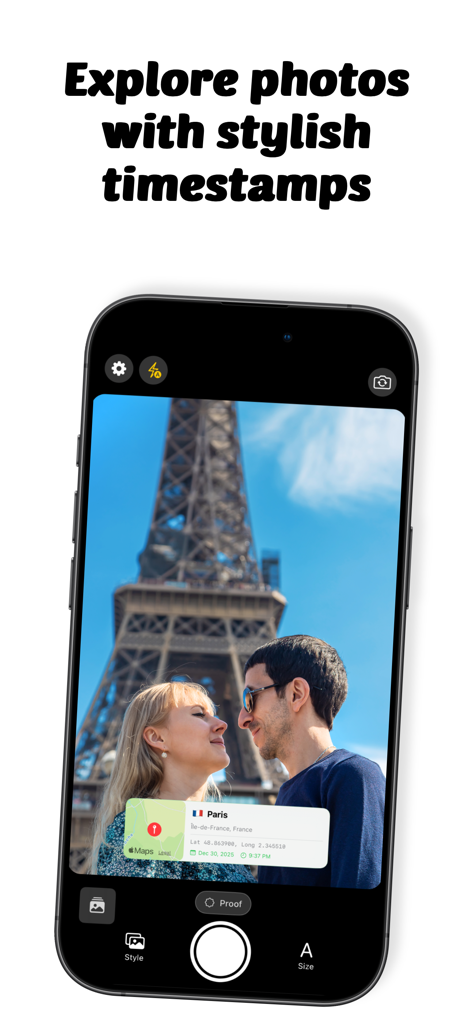 Mobile app interface showing a photo of a couple at the Eiffel Tower with a stylish GPS timestamp and map overlay.