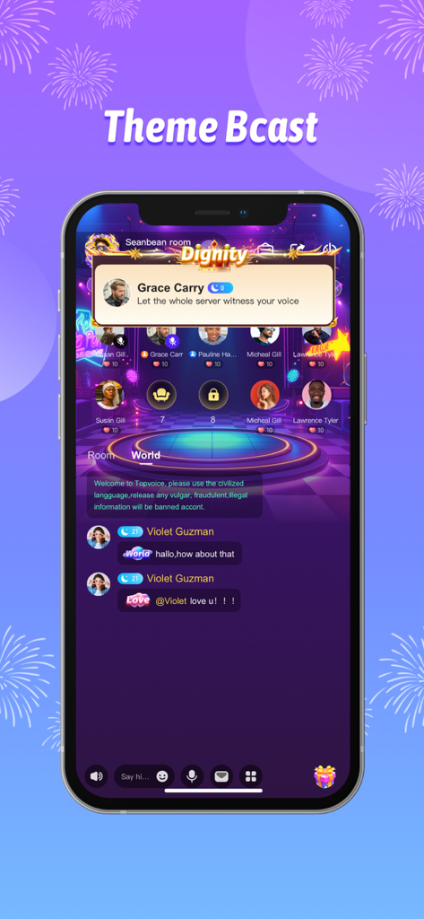 사용자 아바타와 실시간 메시지가 있는 테마 그룹 보이스챗 룸을 보여주는 TopVoice 앱 인터페이스.