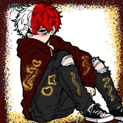 a male hoddie ripped jeans messy hair anime