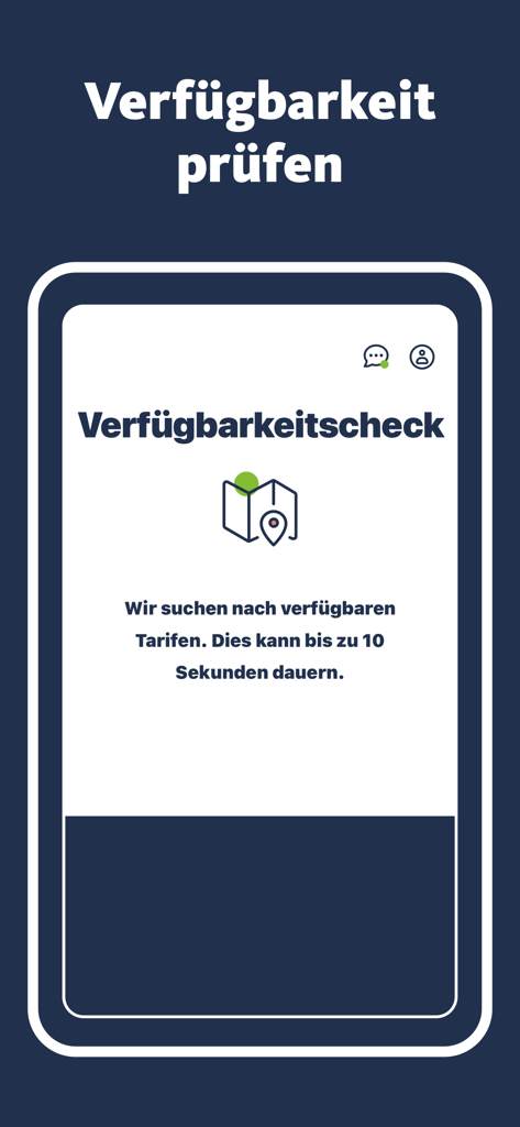 A screenshot of the freenet Internet mobile app showing the availability check screen with a map icon and German text.