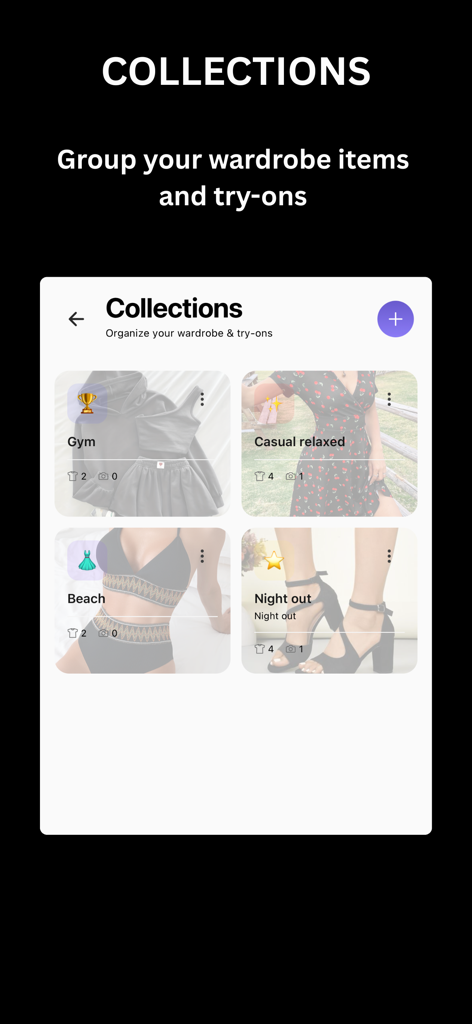 FashionVue - FashionVue app screen showing organized digital wardrobe collections for gym, casual, beach, and night out outfits.