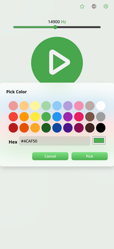 A color picker menu within the Tinnitus Frequency App for organizing sound therapy presets