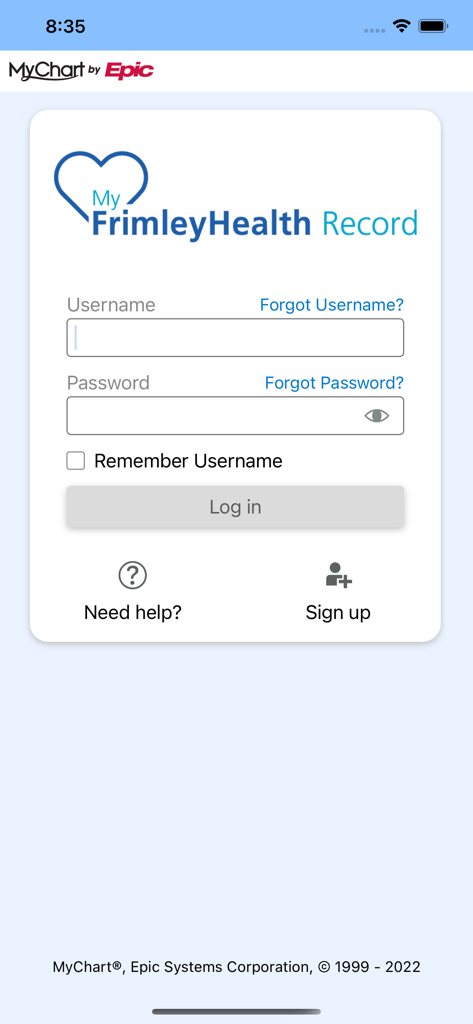 MyFrimleyHealth Record - Login screen for the MyFrimleyHealth Record mobile app showing username and password input fields