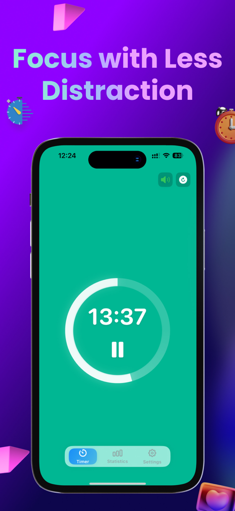Easy Pomodoro - Pomodoro Timer - Interfaz de la aplicación Easy Pomodoro mostrando una cuenta regresiva de temporizador de enfoque minimalista en una pantalla verde