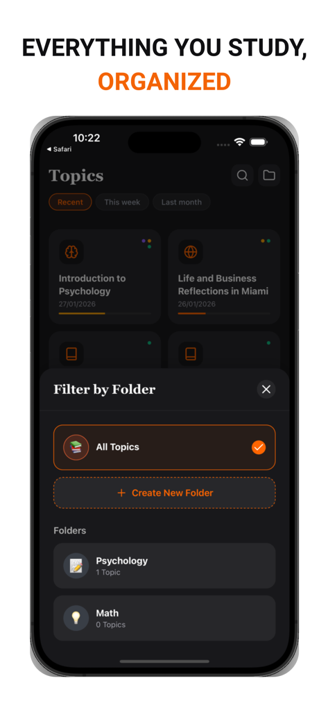 Interfaz de la aplicación TikoNote para organizar temas de estudio en carpetas como Psicología y Matemáticas