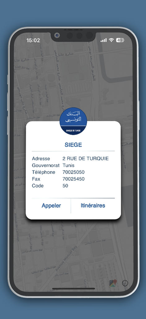 BT Mobile - BT Mobile app displaying Banque de Tunisie headquarters address and contact details on a map.