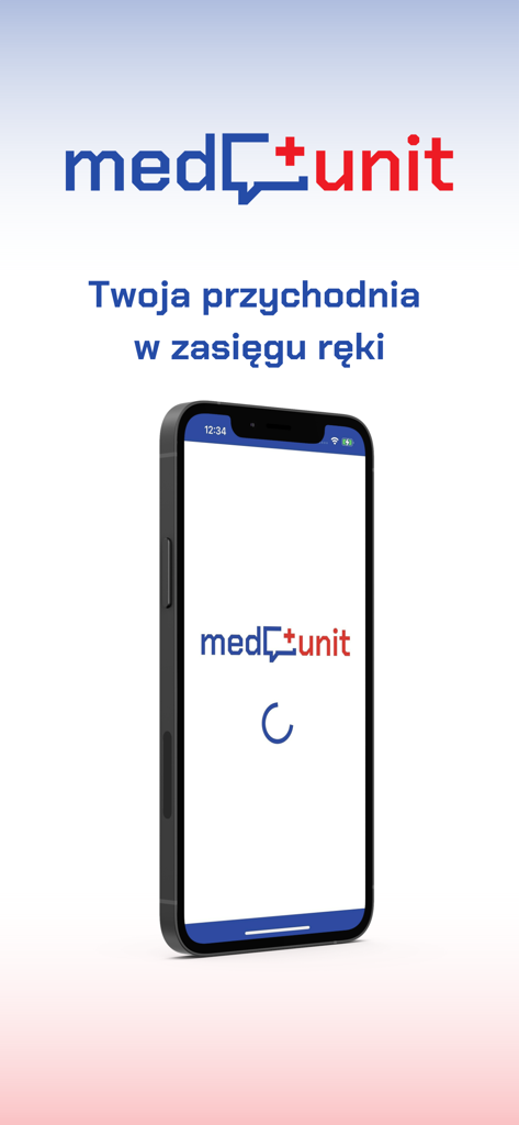 Medunit NFZ app loading screen on an iPhone displaying the logo and slogan Your clinic at your fingertips