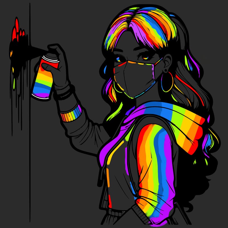 realistic girl with mask spray painting a wall