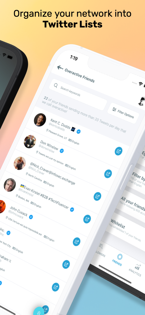 Mobile interface of the Circleboom app showing the Twitter List Manager filtering overactive accounts.