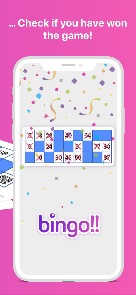 bingo!! - Smartphone screen showing a winning bingo card with confetti and celebratory text