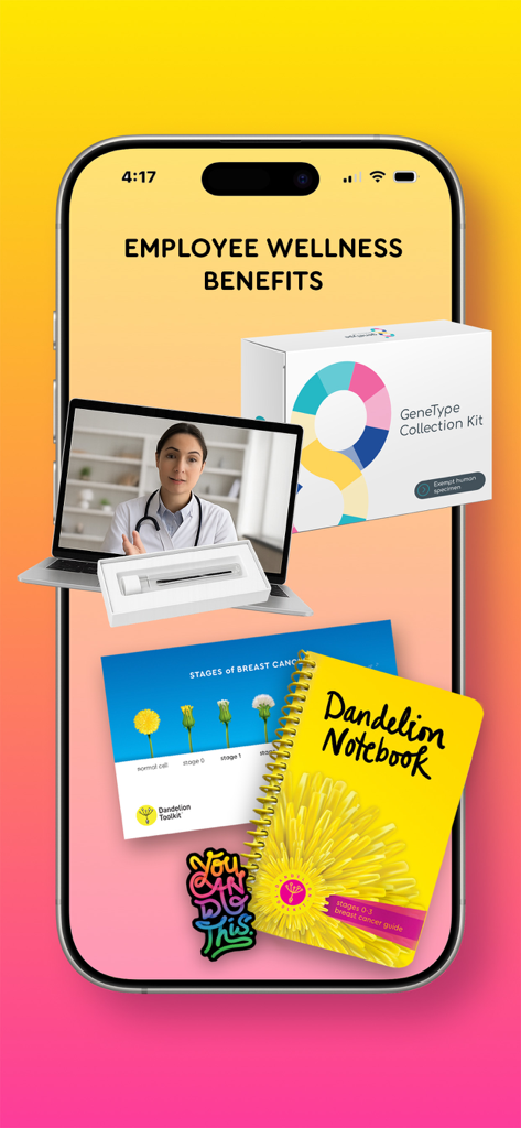 Know Your Lemons - Ein Smartphone-Bildschirm, der Mitarbeiter-Wellnessleistungen anzeigt, einschließlich einer virtuellen Arztberatung, eines genetischen Sammelkits und Schulungsmaterialien zur Brustgesundheit.