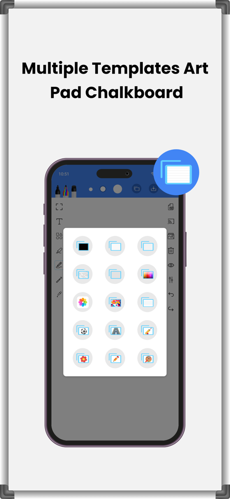 Drawing and Writing Whiteboard - A mobile app screen showing a selection of digital whiteboard templates including blackboards, greenboards, and grid patterns.