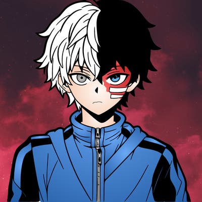 anime boy with half white half red hair and two colored eyes and a scar over his left eye wearing a track suit