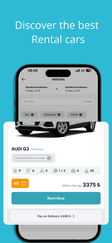AVEC rent a car - Écran de l'application de location de voitures AVEC montrant les détails de la réservation d'une Audi Q3 avec le prix et les options de location