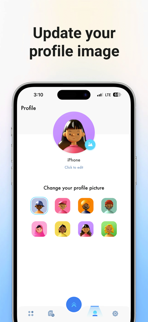 Interface for updating a profile image with various character avatars in the file transfer app