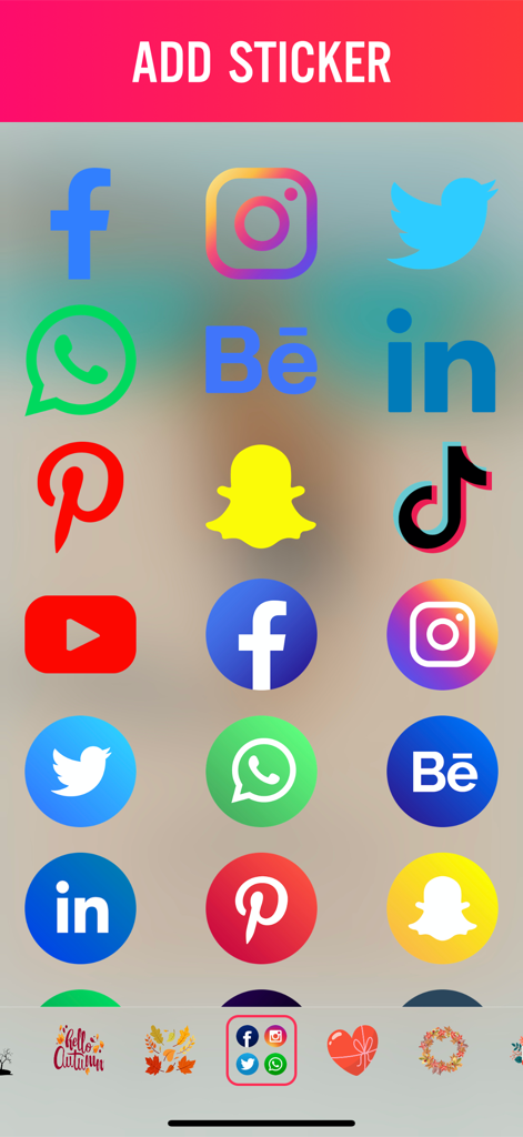 TextArt - Text on Photo Editor - A variety of social media platform icons available as stickers in the TextArt app