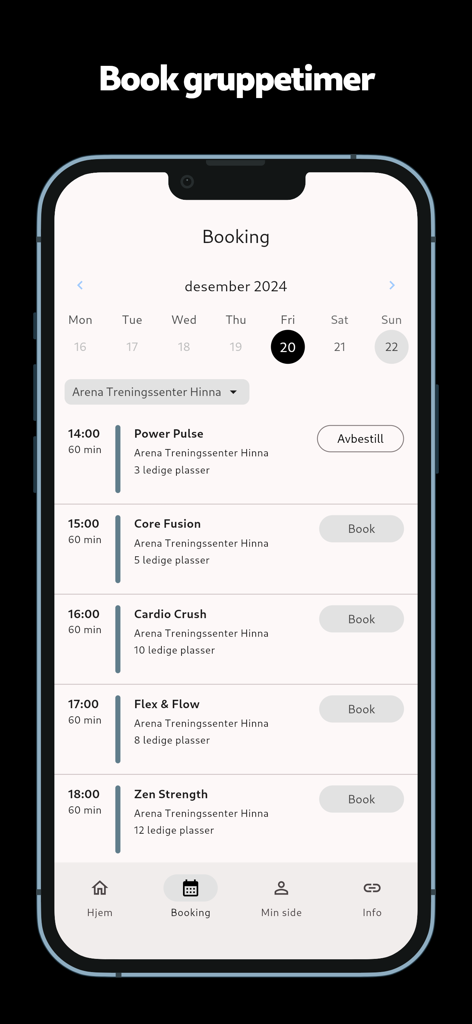 Arena Training Center - Pantalla de la aplicación móvil Arena Training Center que muestra un horario de clases de fitness y opciones de reserva