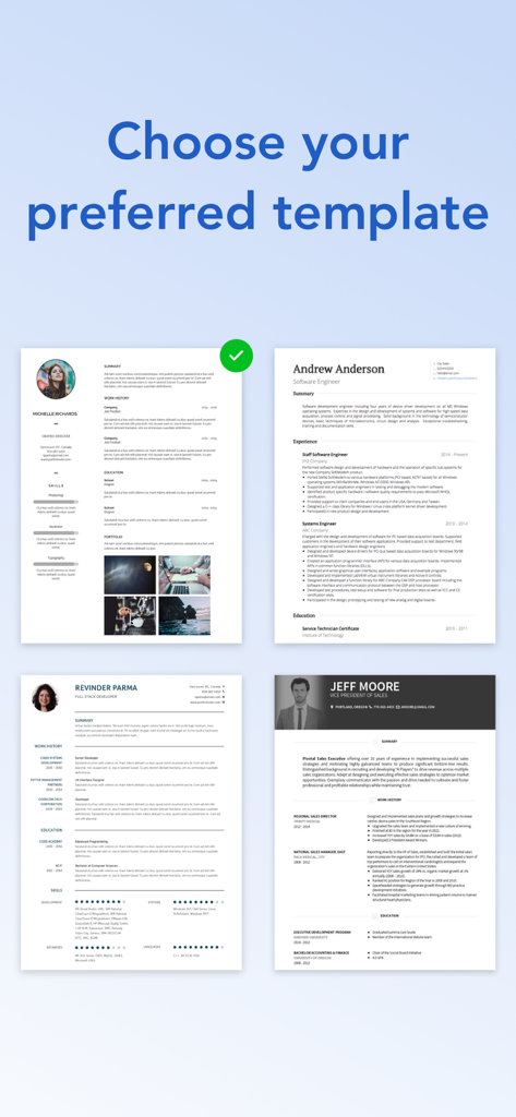 VisualCV Resume Builder - Une sélection de quatre modèles de CV professionnels dans l'application VisualCV