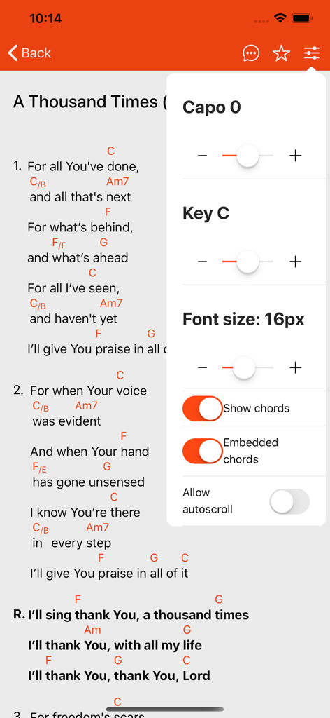 Mobile app screen showing worship song lyrics with musical settings for transposition and chord display