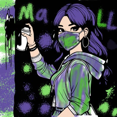 realistic girl with mask spray painting a wall