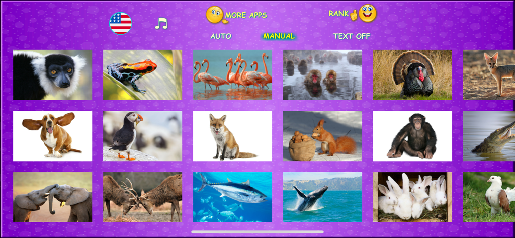 Animal picture games for kids - Interface of an animal learning app for kids showing a selection grid of real animal photographs